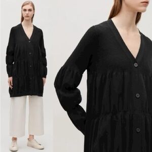 COS Long Gathered Cardigan Black Medium Quiet Luxury Minimalist Layering Tiered